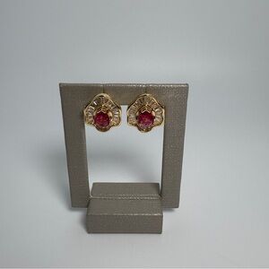 Vintage Ruby Red And Clear Cubic Zirconia Stud Earrings, Brand New